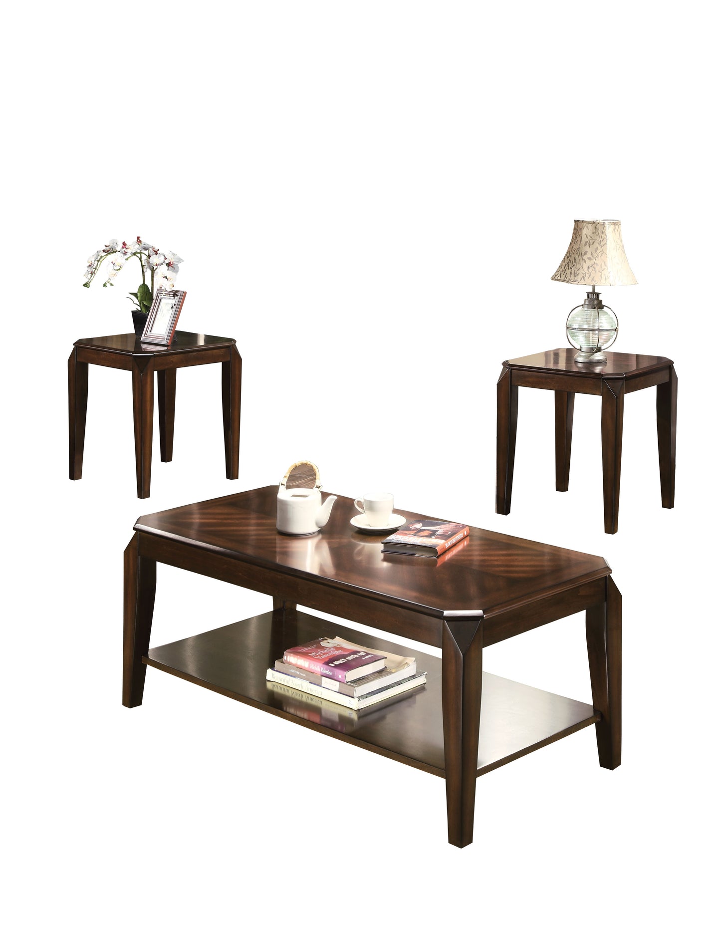 Dark wood coffee table with lower shelf and decorative inlay perfect for living rooms