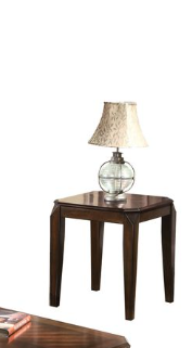 Dark wood end table with ornate glass base table lamp