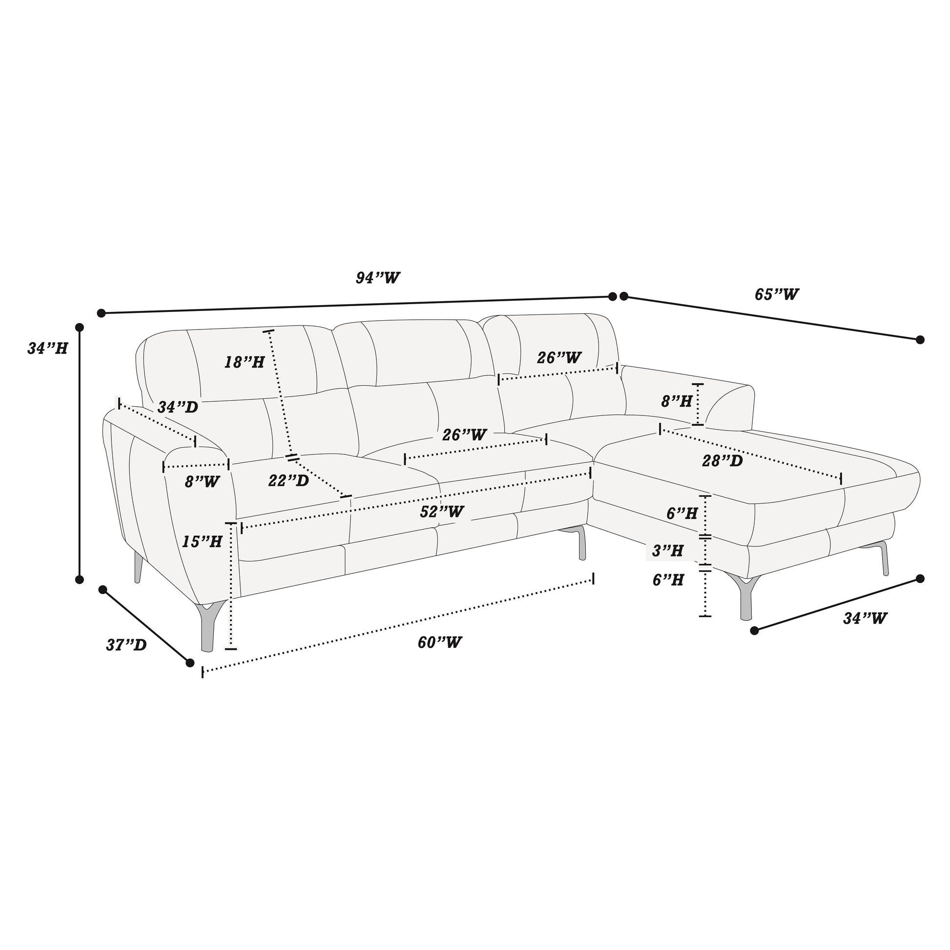 Diagram of a modern sectional sofa with dimensions W x D x H