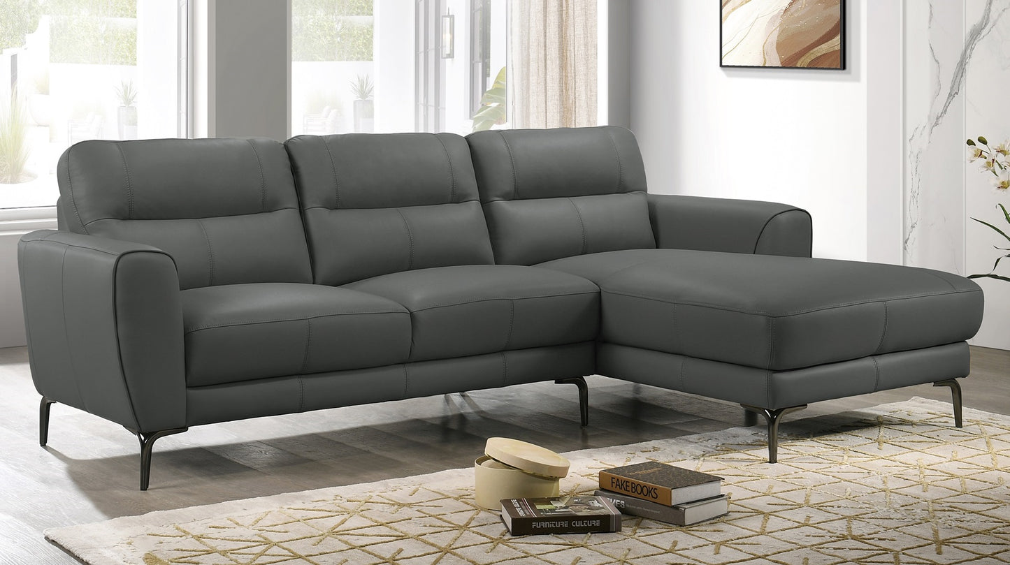 Charcoal gray leather sectional sofa with plush cushions and dark metal legs perfect for modern living rooms