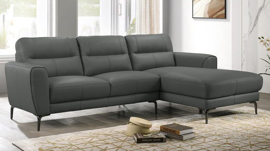 Charcoal gray leather sectional sofa with plush cushions and dark metal legs perfect for modern living rooms