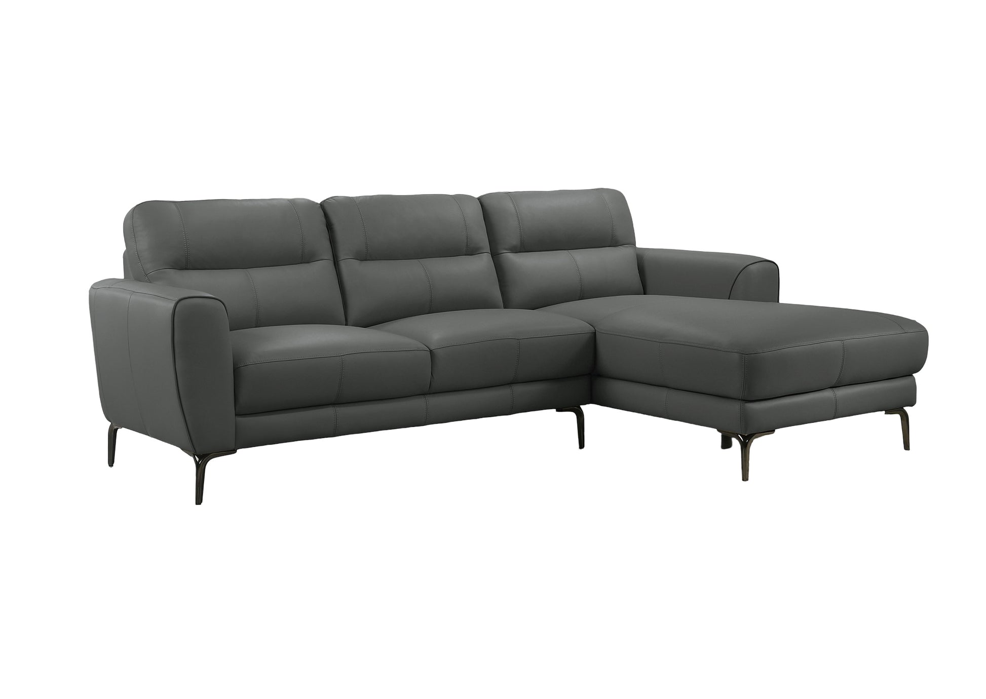 Modern gray leather sectional sofa with chaise lounge and sleek metal legs