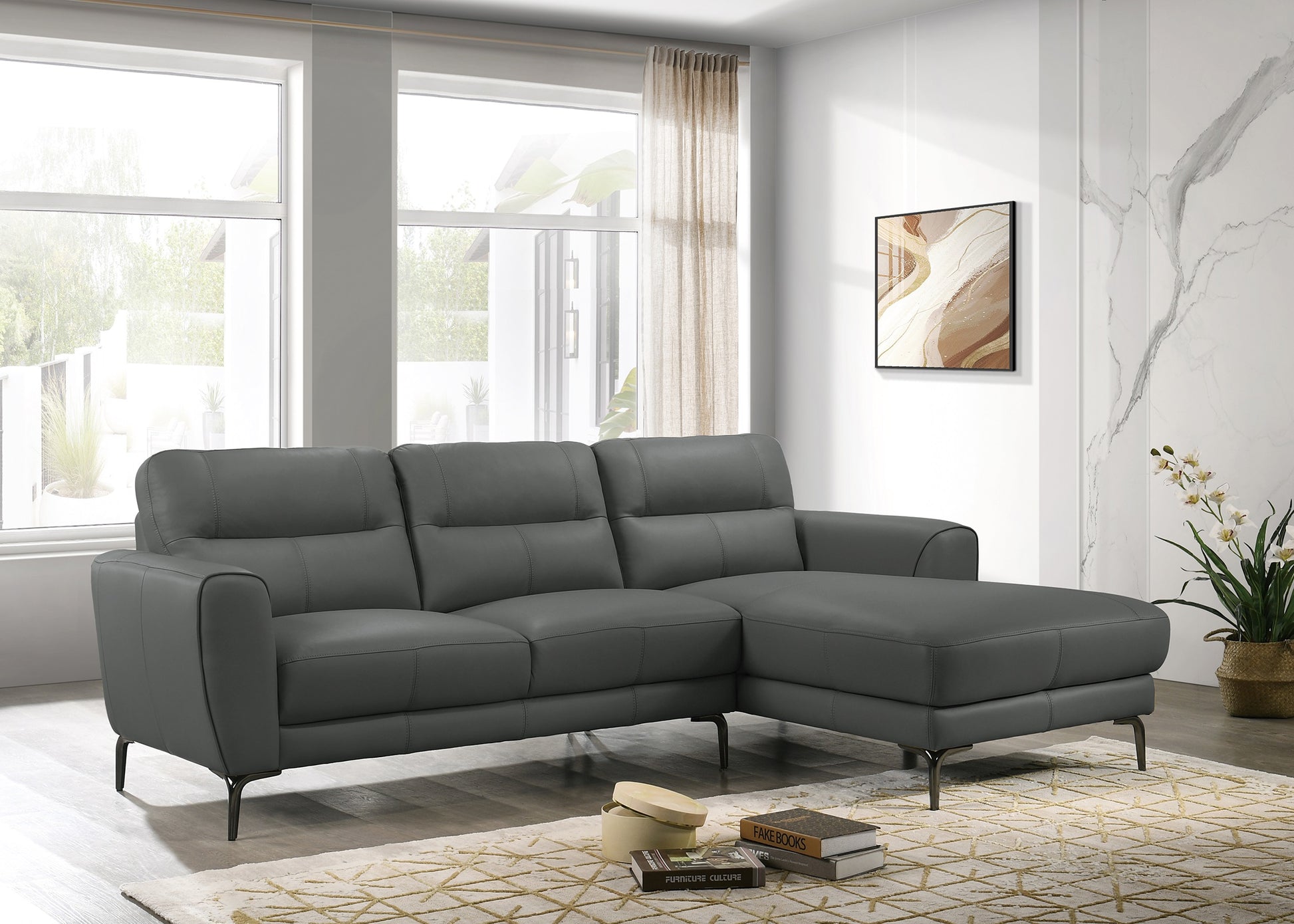 Dark gray leather sectional sofa with chaise and metal legs for modern living room