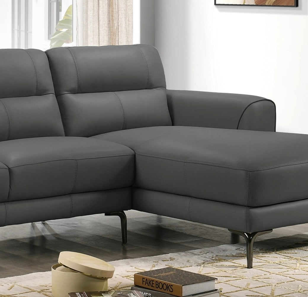 Modern dark grey leather sectional sofa with chaise lounge plush cushions