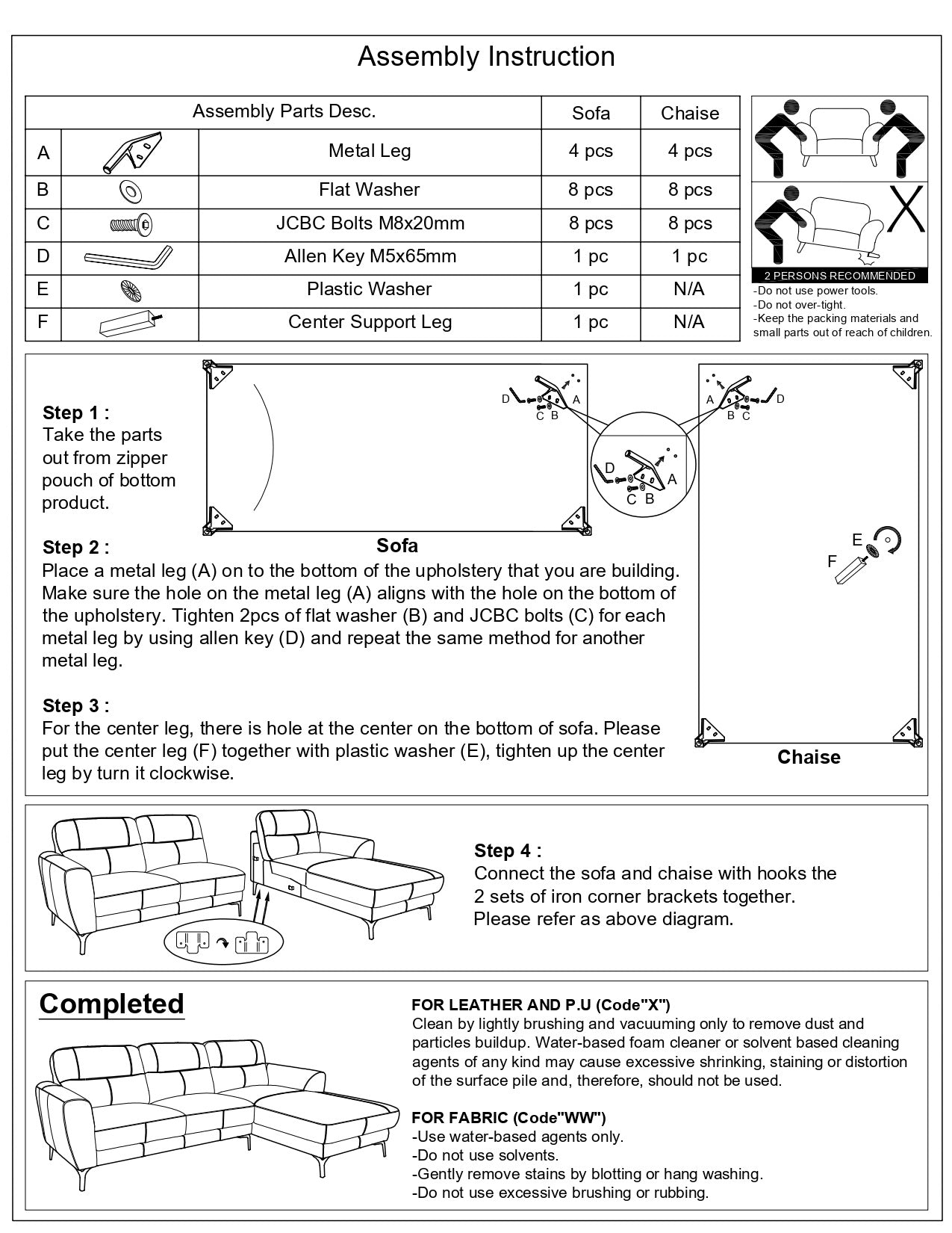 Metal sofa leg with attachment holes and instructions for assembly