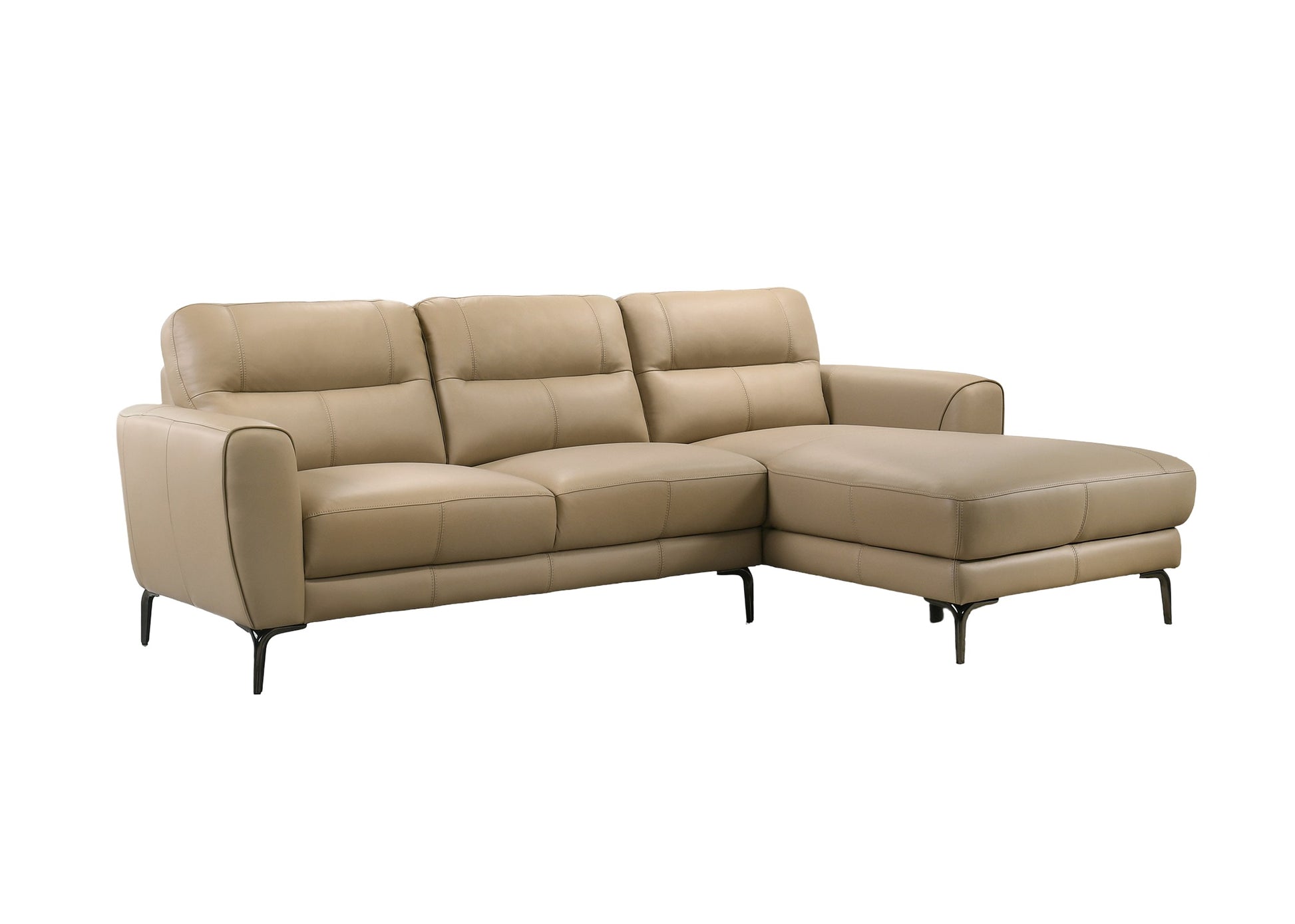 Modern tan leather sectional sofa with chaise and black metal legs