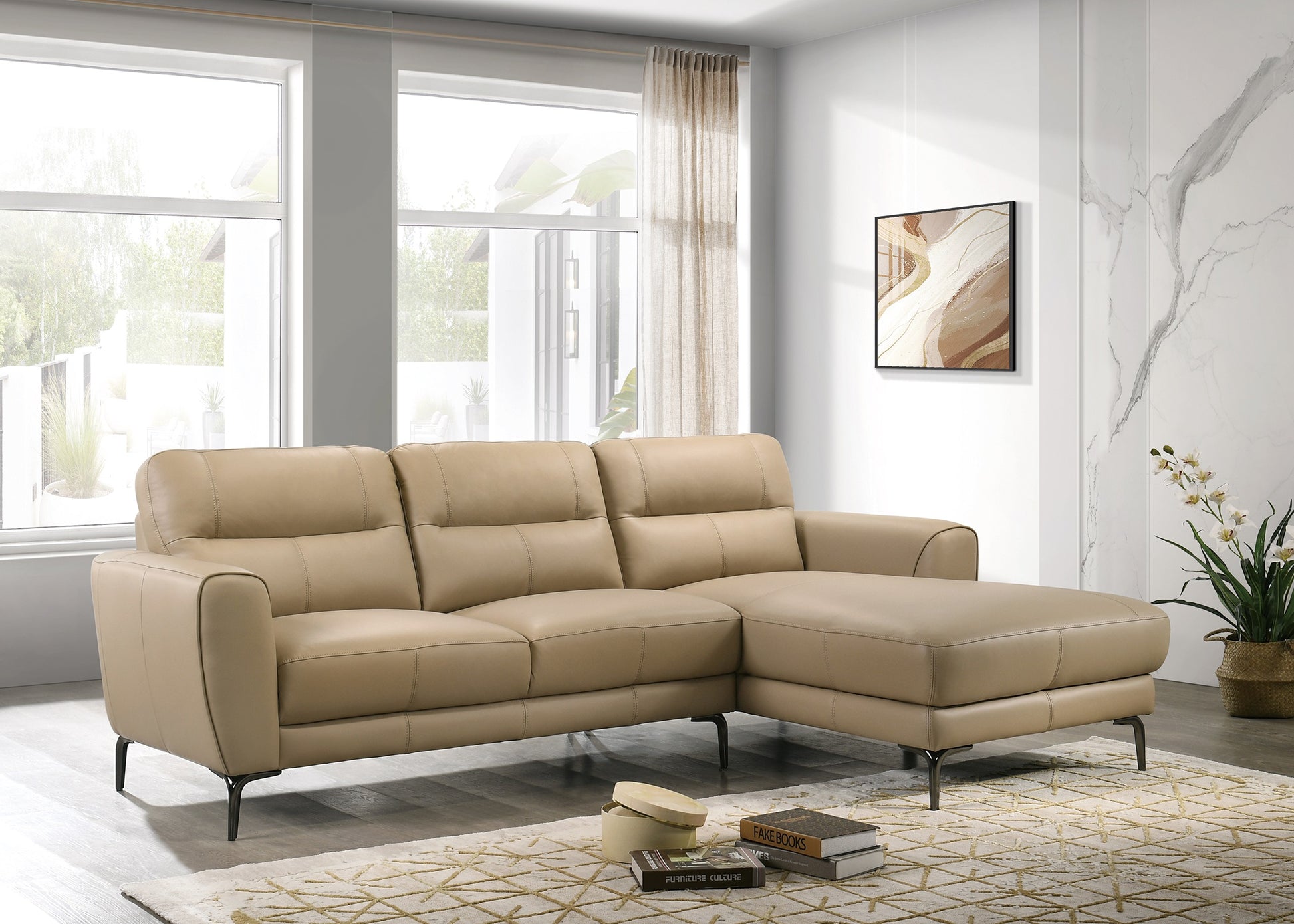 Luxurious beige leather sectional sofa with adjustable headrests and metal legs perfect for modern living rooms
