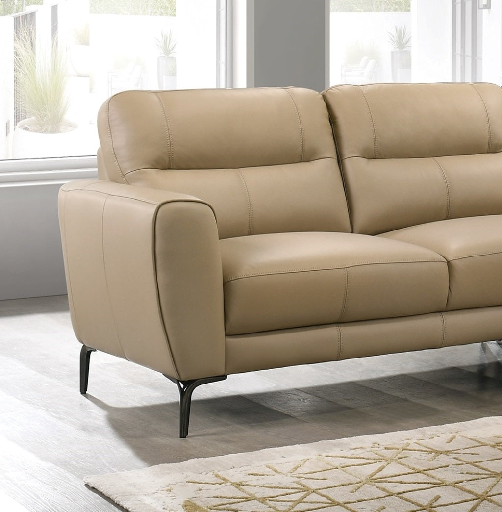 Modern beige leather sofa with sleek metal legs perfect for living room comfort