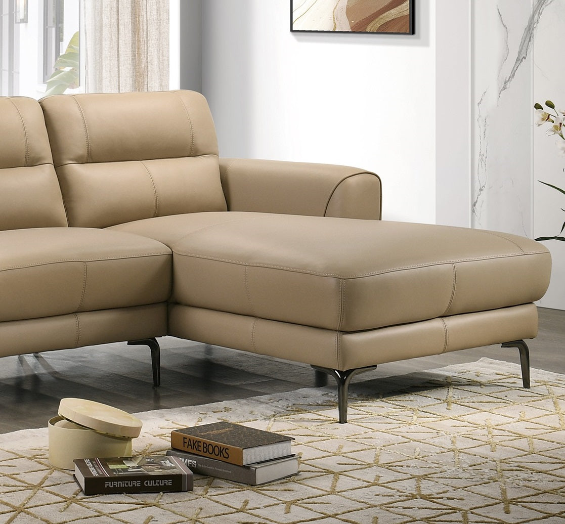 Luxurious camel leather sectional sofa with chaise lounge and modern metal legs