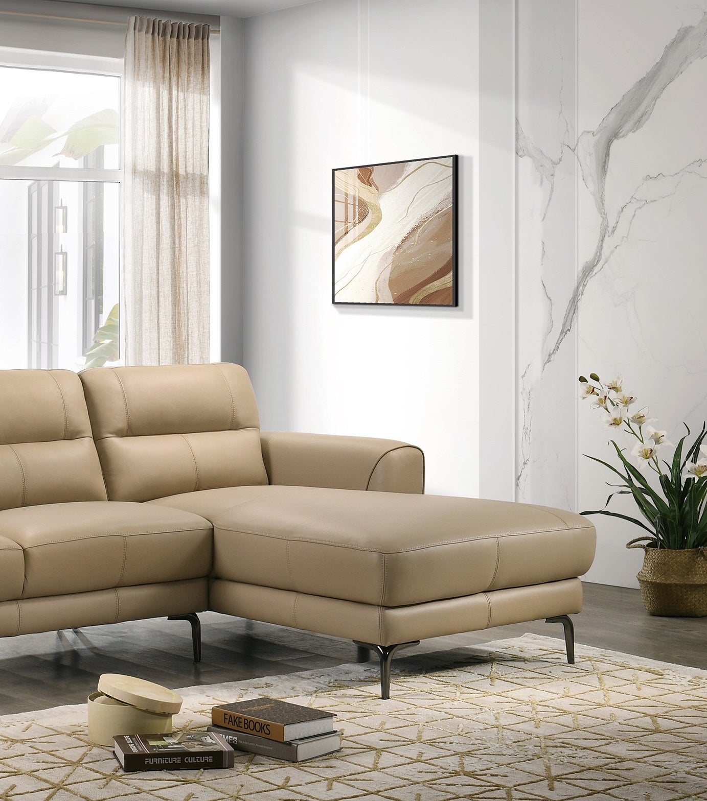 Modern beige leather sectional sofa with chaise lounge perfect for a living room