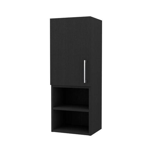 Tall black cabinet with silver handle and two open shelves below