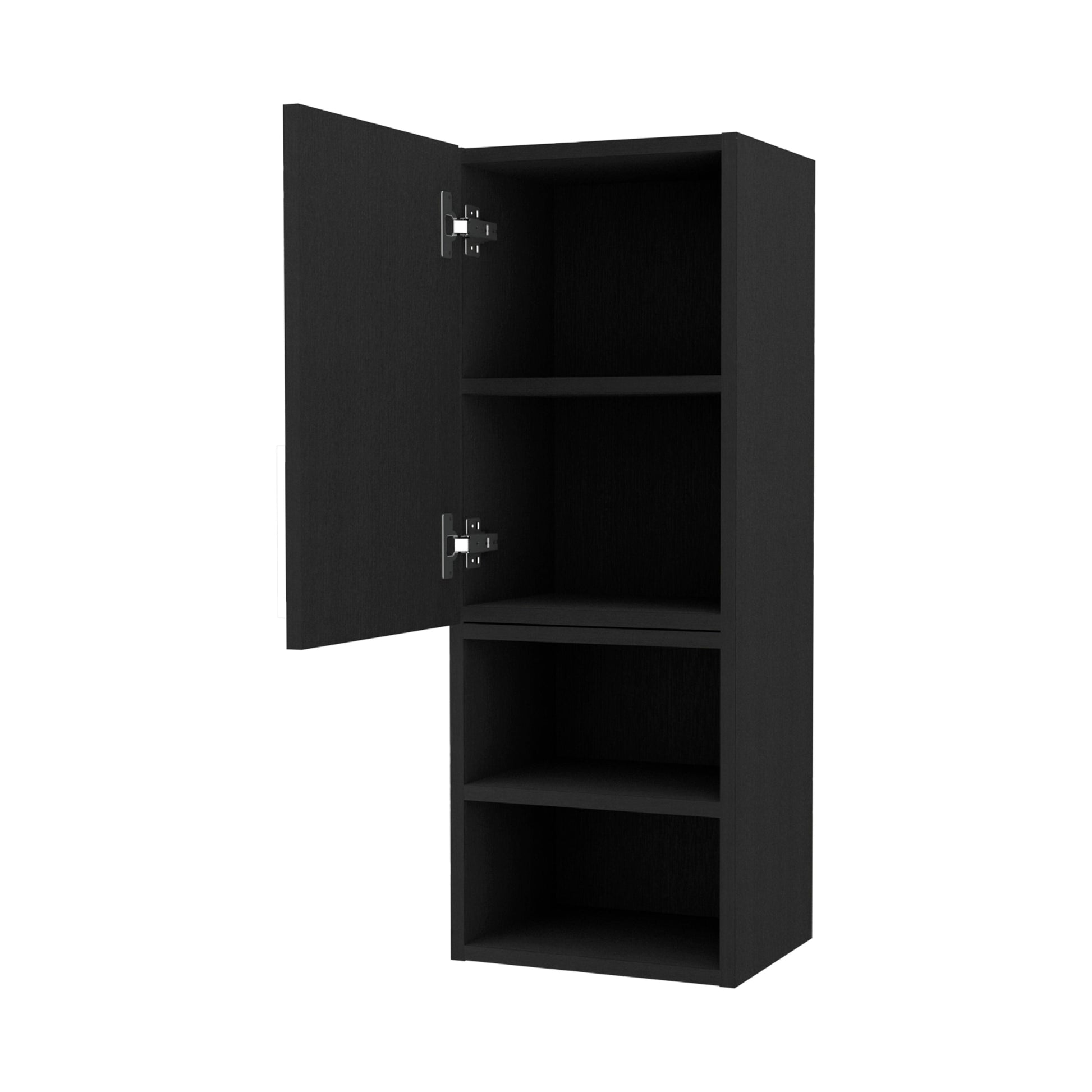 Black wall mounted cabinet with an open door and four shelves for storage
