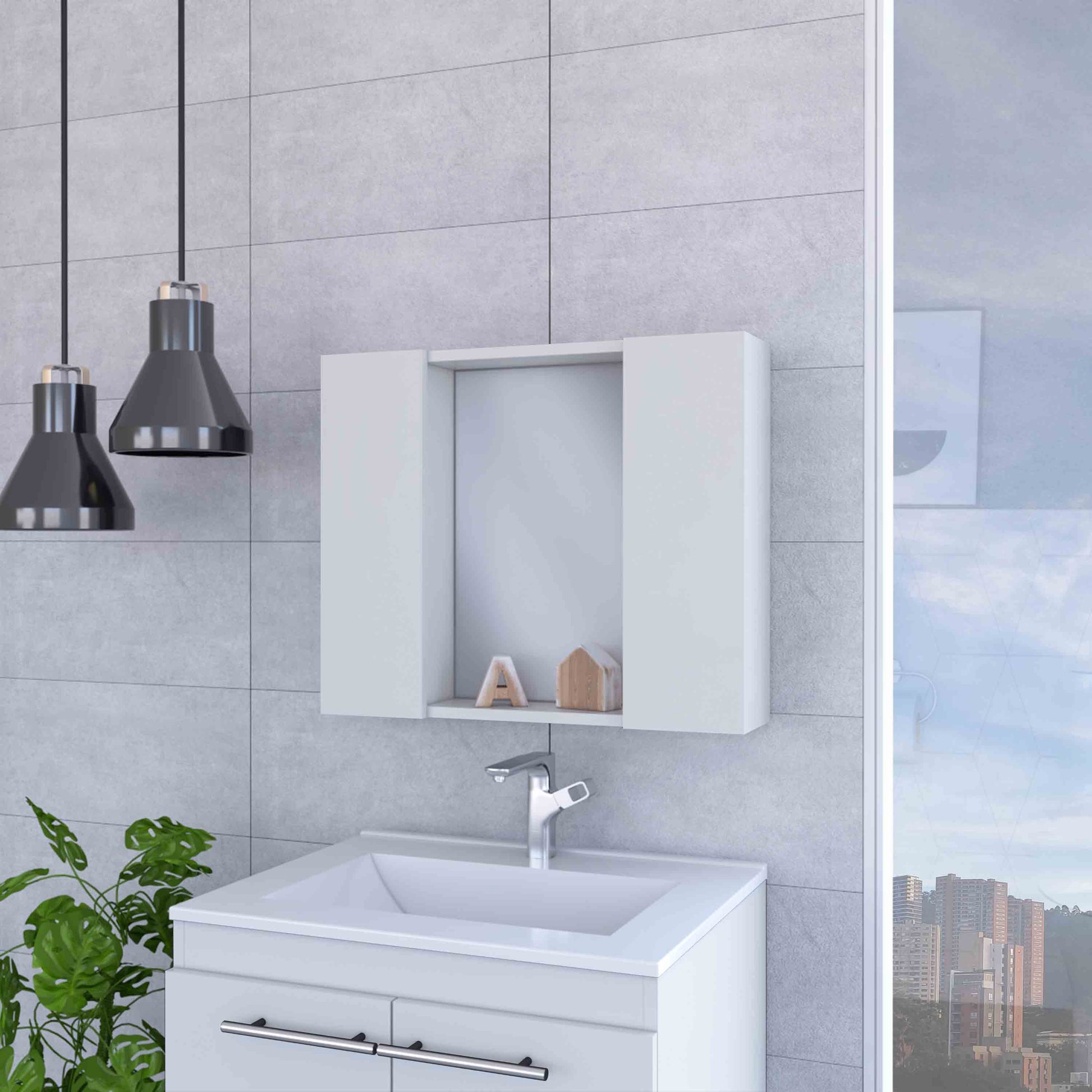White modern bathroom vanity with integrated sink and mirror cabinet