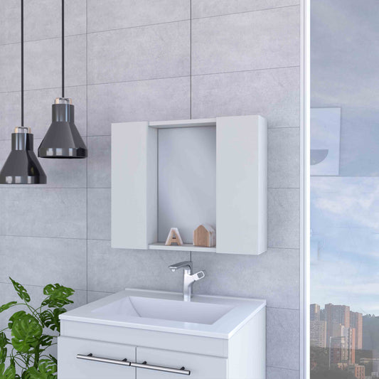 White modern bathroom vanity with integrated sink and mirror cabinet