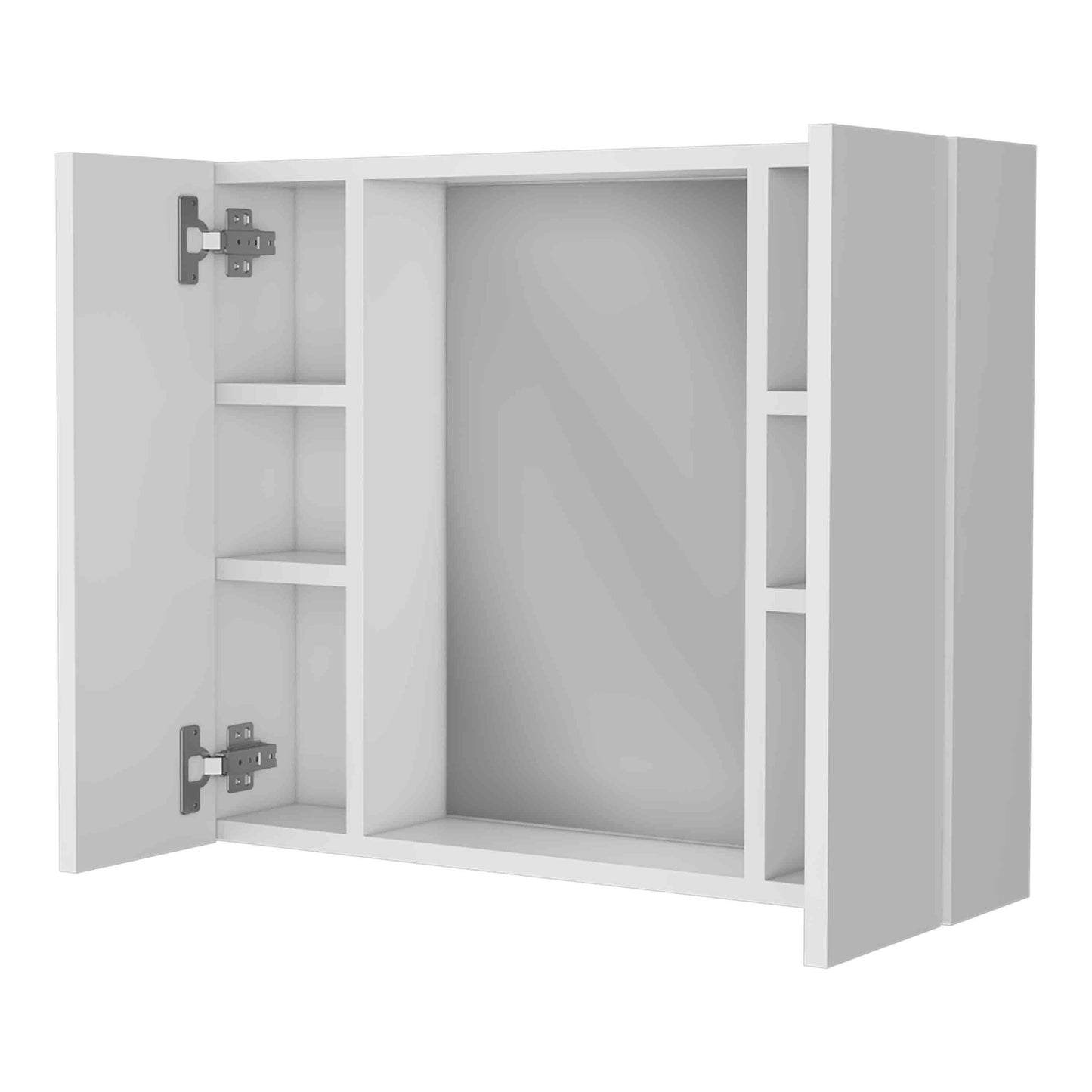 White modern medicine cabinet with mirrored interior and open shelves