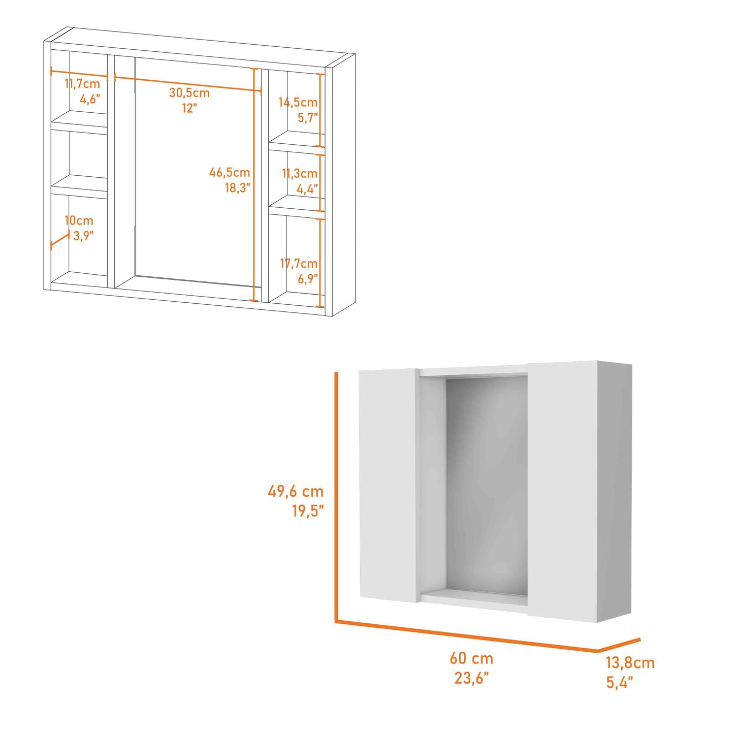 White wall shelf with multiple compartments and dimension labels in diagram