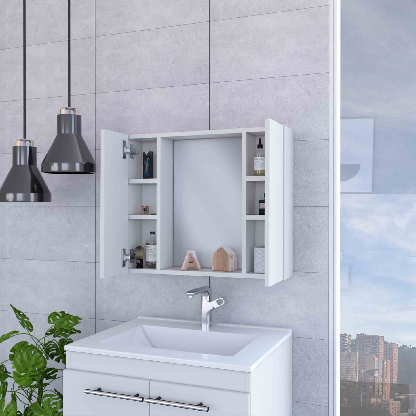 White modern medicine cabinet with mirrored doors and open shelving above a sink
