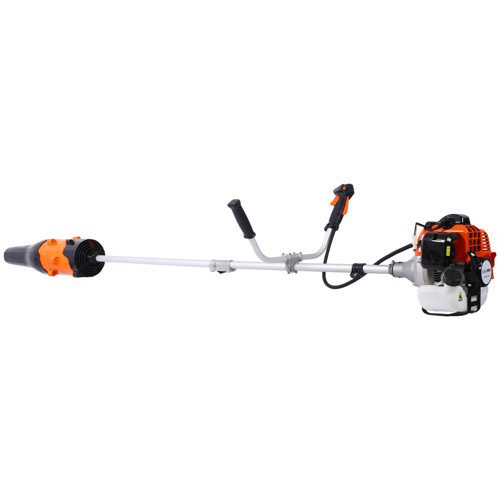 Orange and black gaspowered string trimmer with straight shaft and loop handles