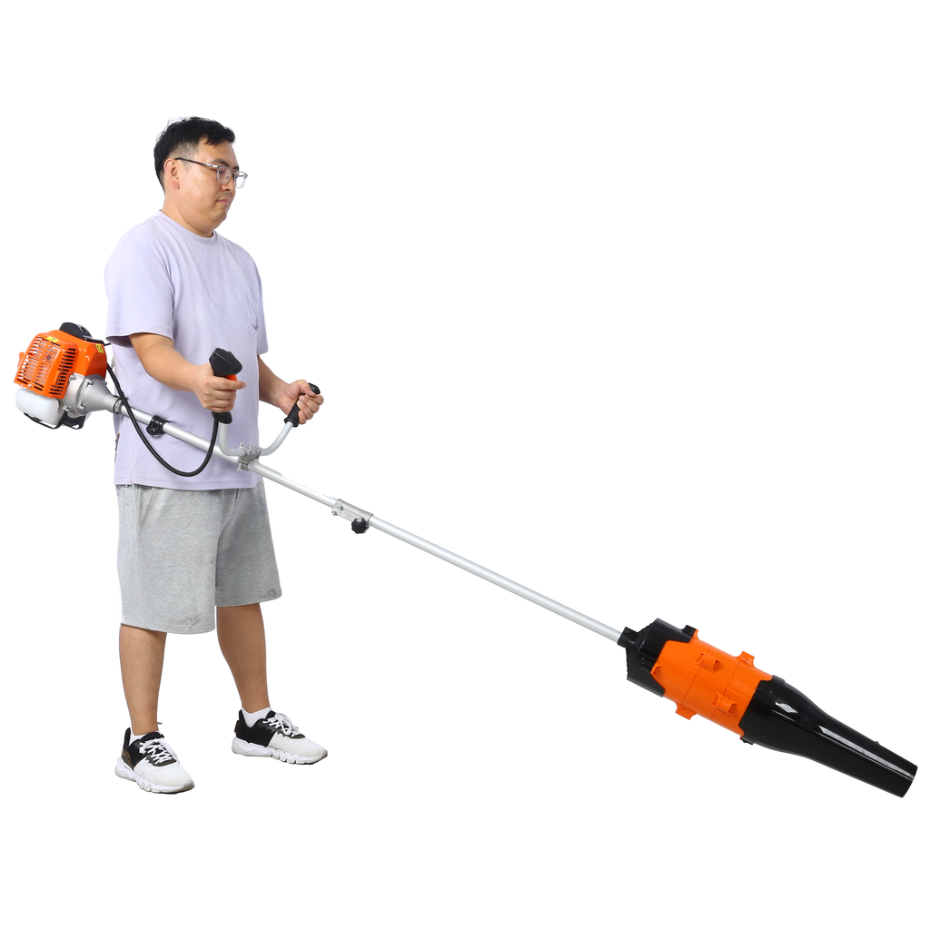 Man holding a long shaft gaspowered trimmer with orange engine unit