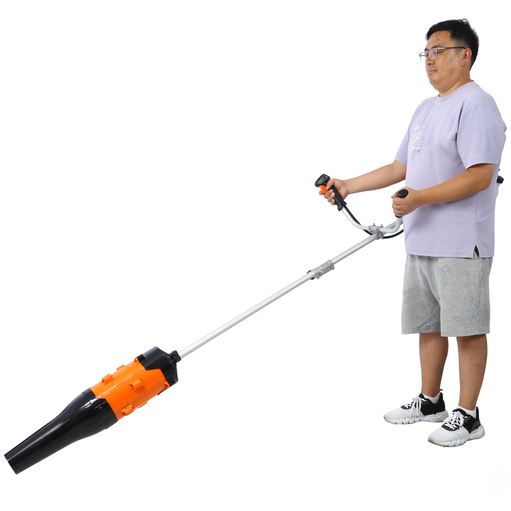 Orange and black longreach leaf blower with adjustable handle held by a person