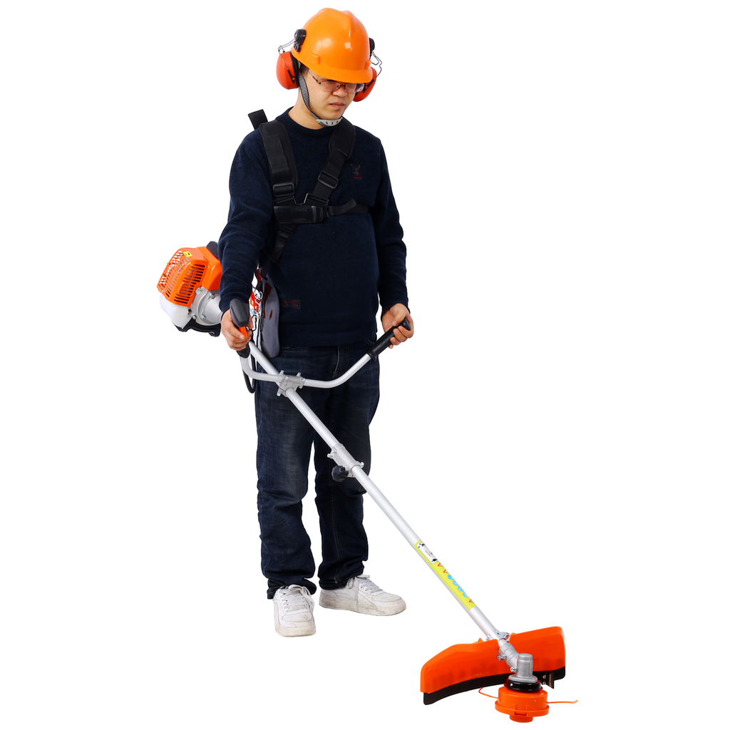Orange and silver gaspowered string trimmer with harness and safety gear