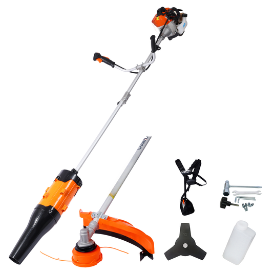 Orange and black gasolinepowered string trimmer with assorted accessories including harness and blades