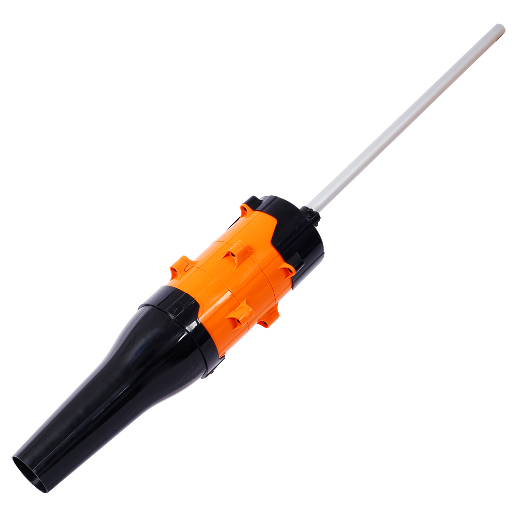 Orange and black leaf blower nozzle with silver extension wand