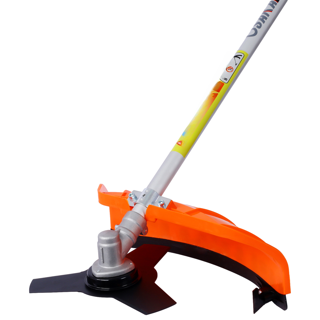 Orange and silver string trimmer head with sharp blade
