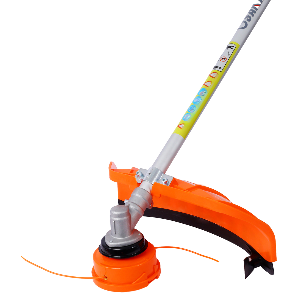 Orange string trimmer with a silver shaft and safety guard
