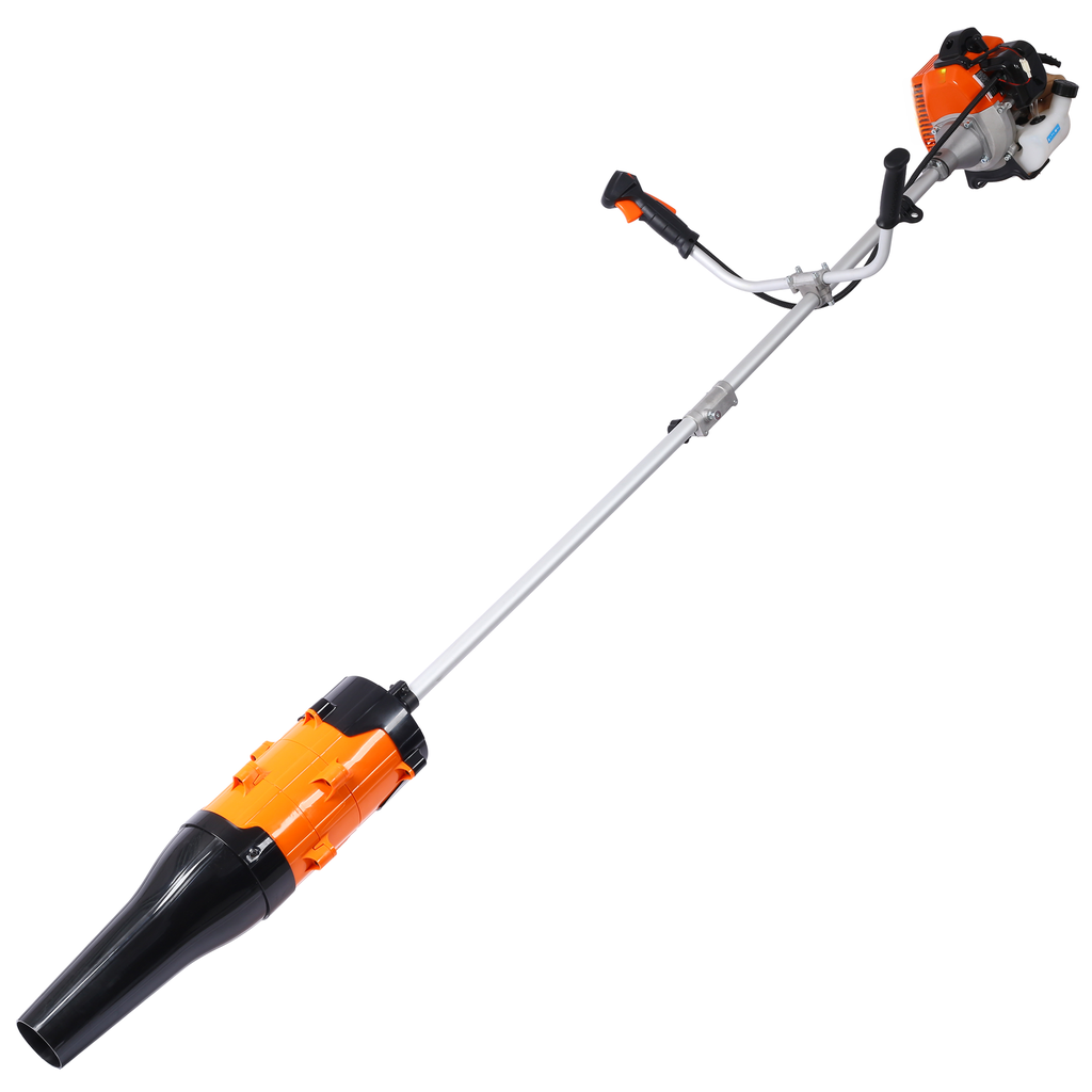 Orange and black gaspowered leaf blower with adjustable handle and long tube