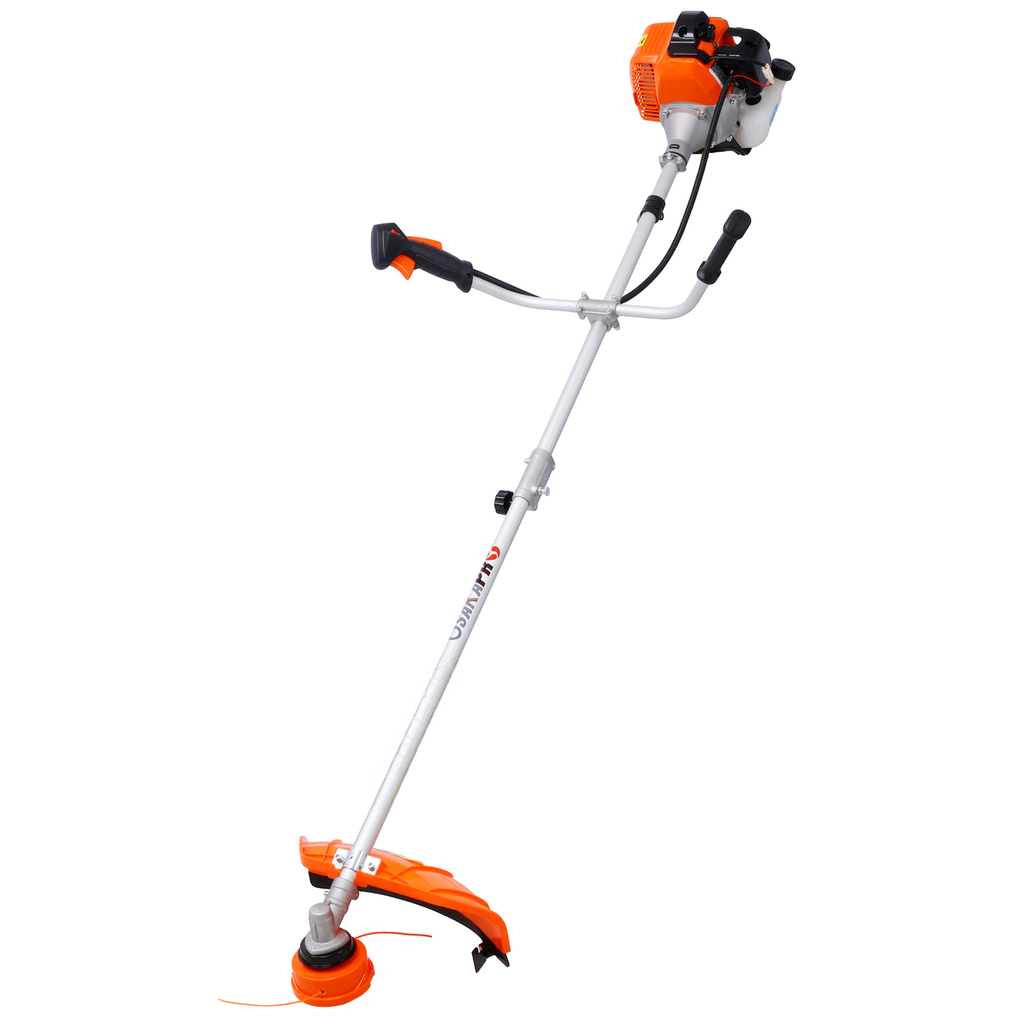 Orange and white gas powered string trimmer with adjustable handle