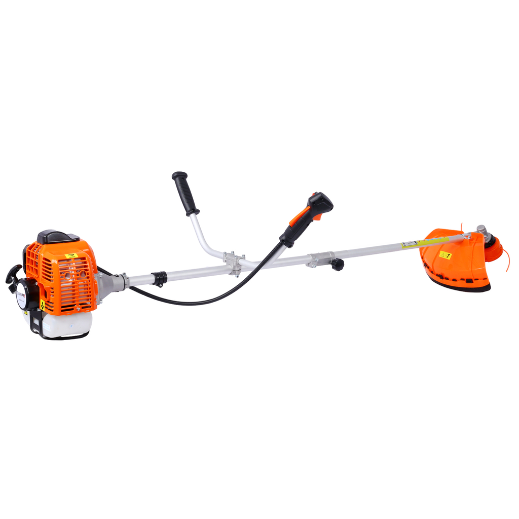Orange and silver gas string trimmer with loop handles for easy garden maintenance