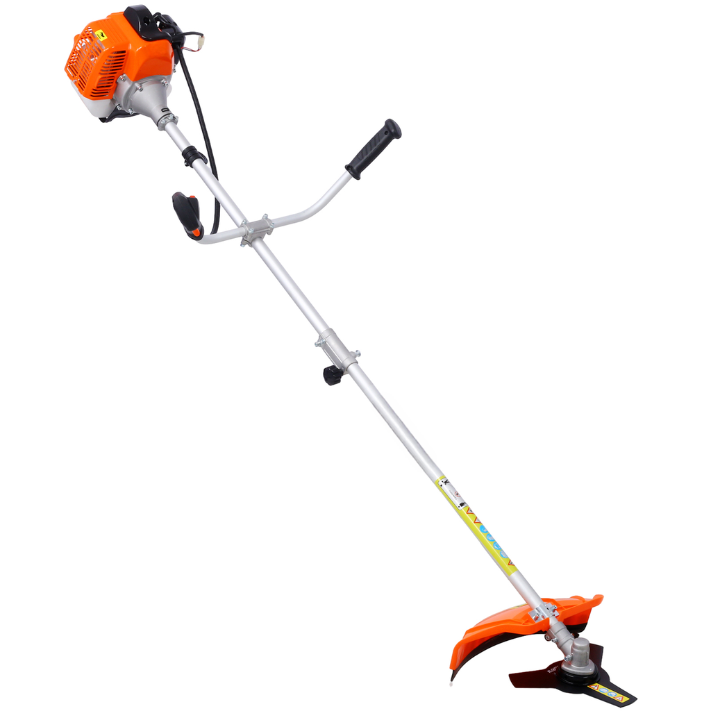 Orange and silver gaspowered string trimmer with ergonomic handle for yard work