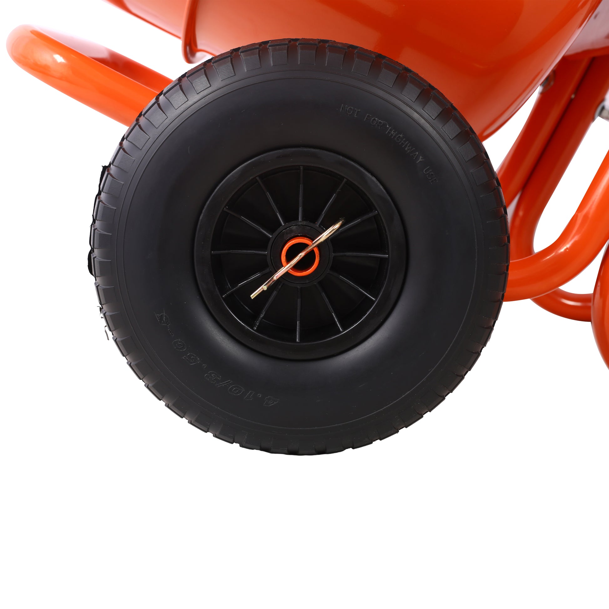 Orange powdercoated steel frame with a durable black pneumatic wheel for heavyduty use