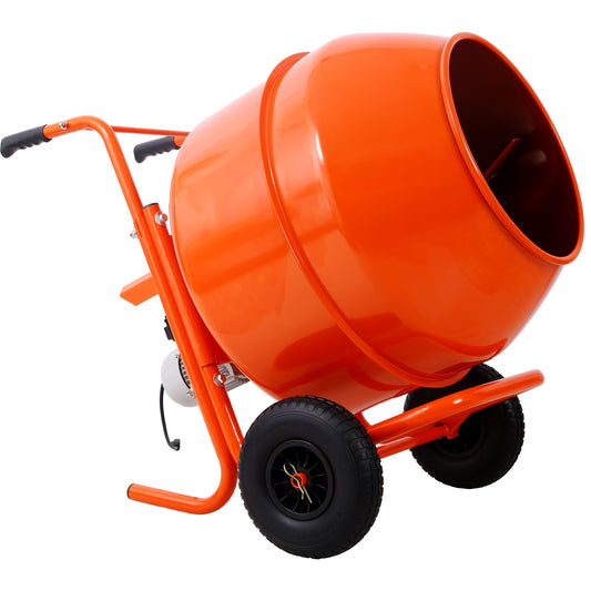 Orange portable cement mixer with black wheels and handle for construction