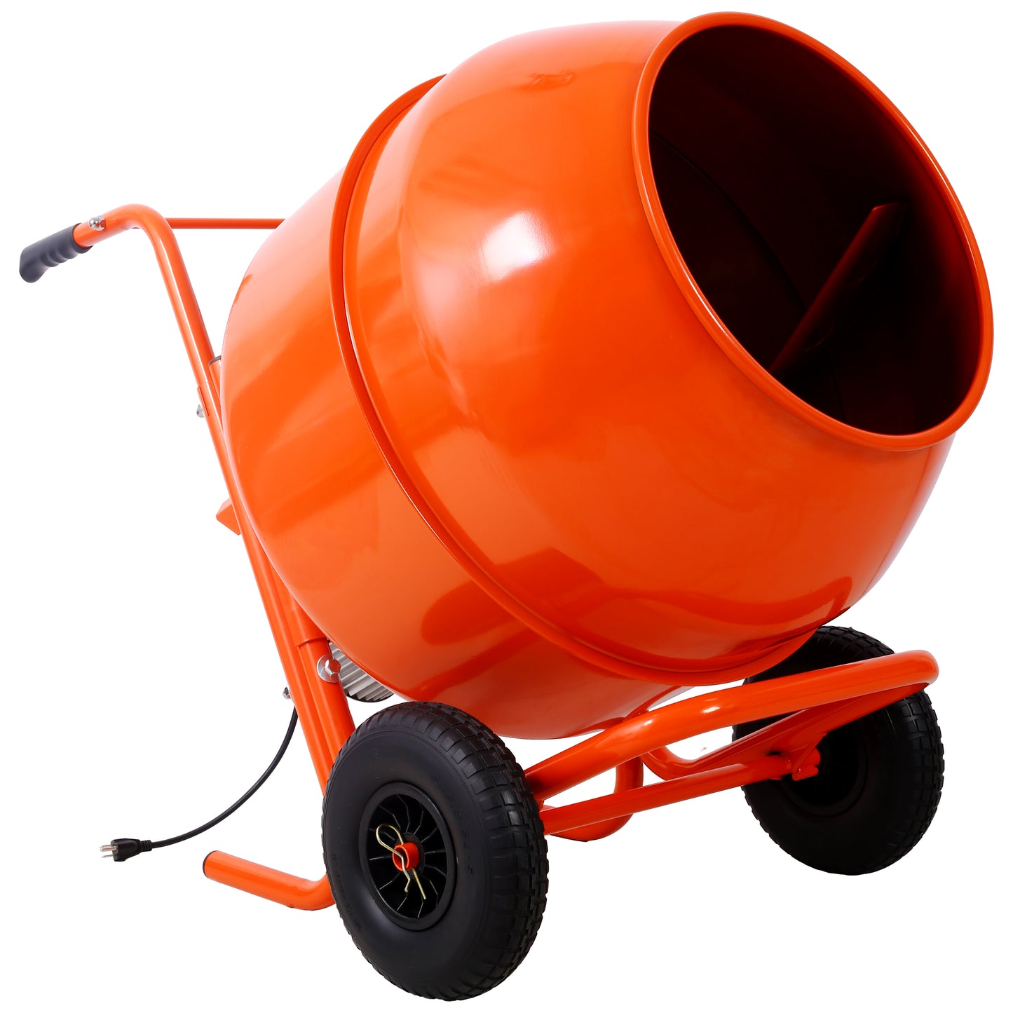 Bright orange portable cement mixer with a wheeled base and handle for easy transport