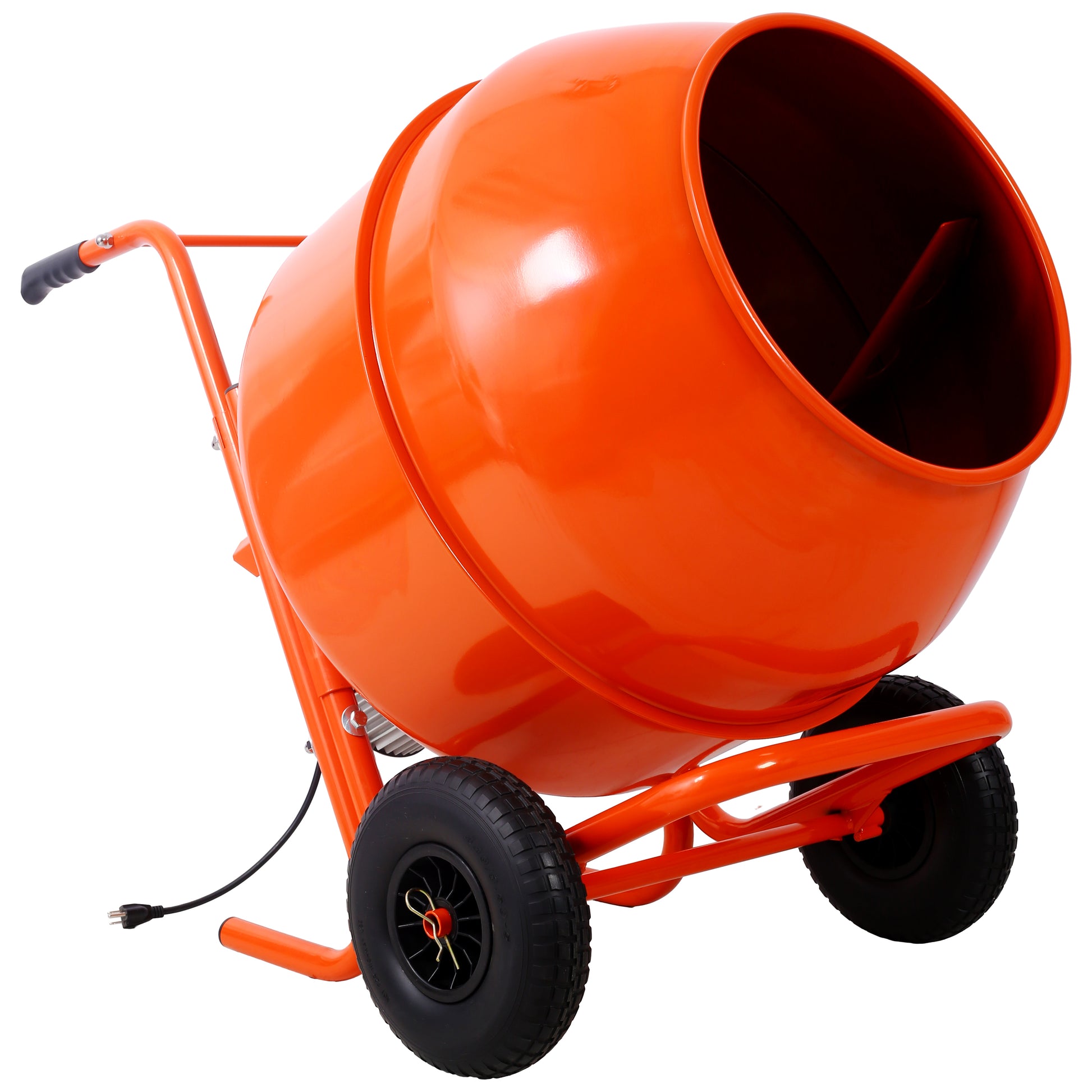 Bright orange portable cement mixer with a wheeled base and handle for easy transport