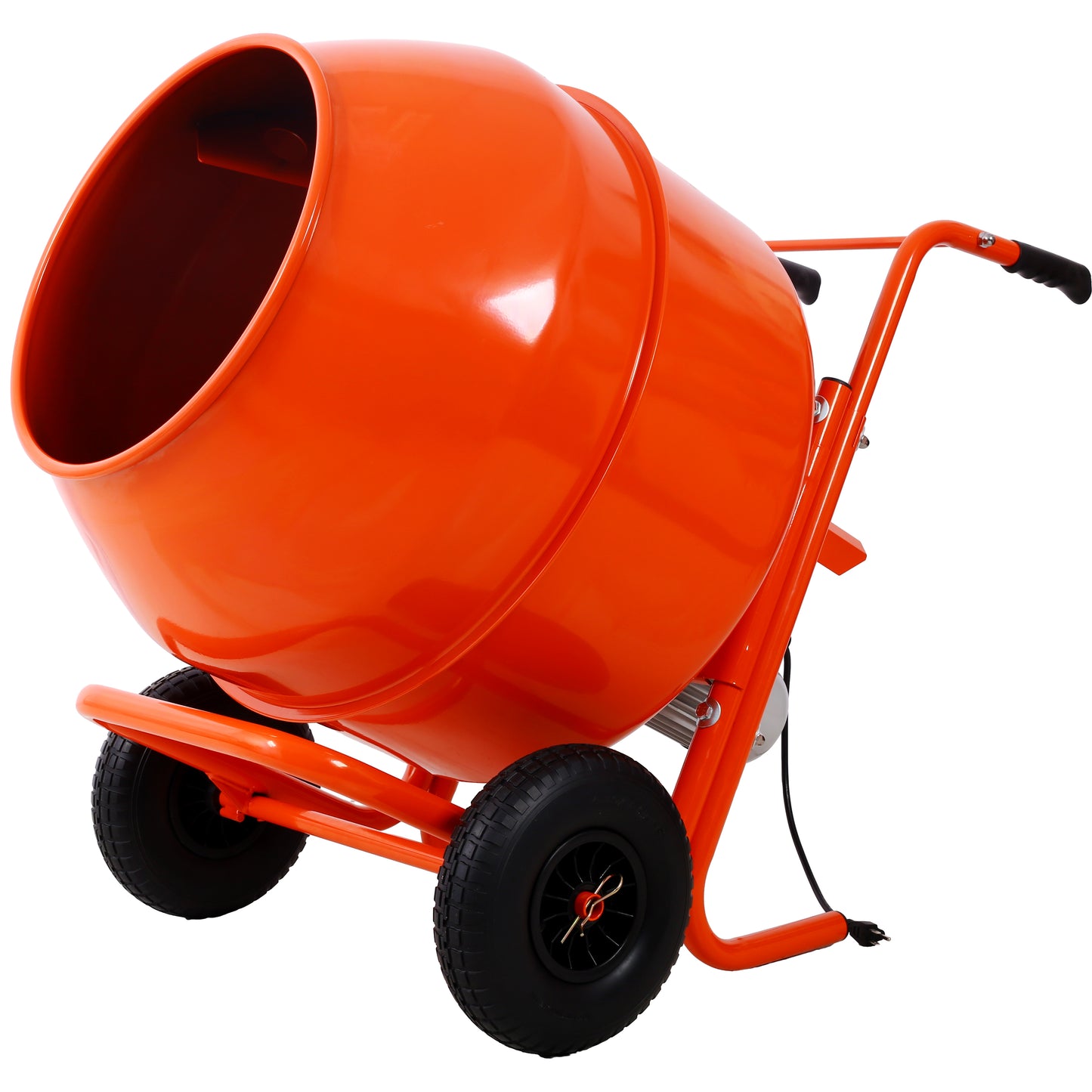 Orange electric cement mixer with two wheels and handlebars