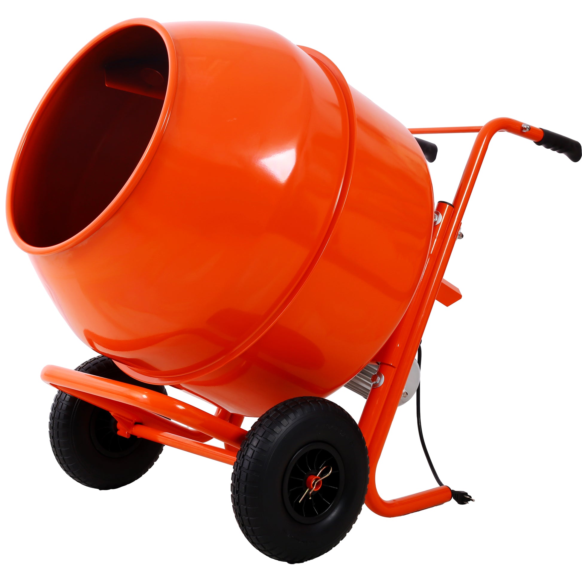 Orange electric cement mixer with two wheels and handlebars