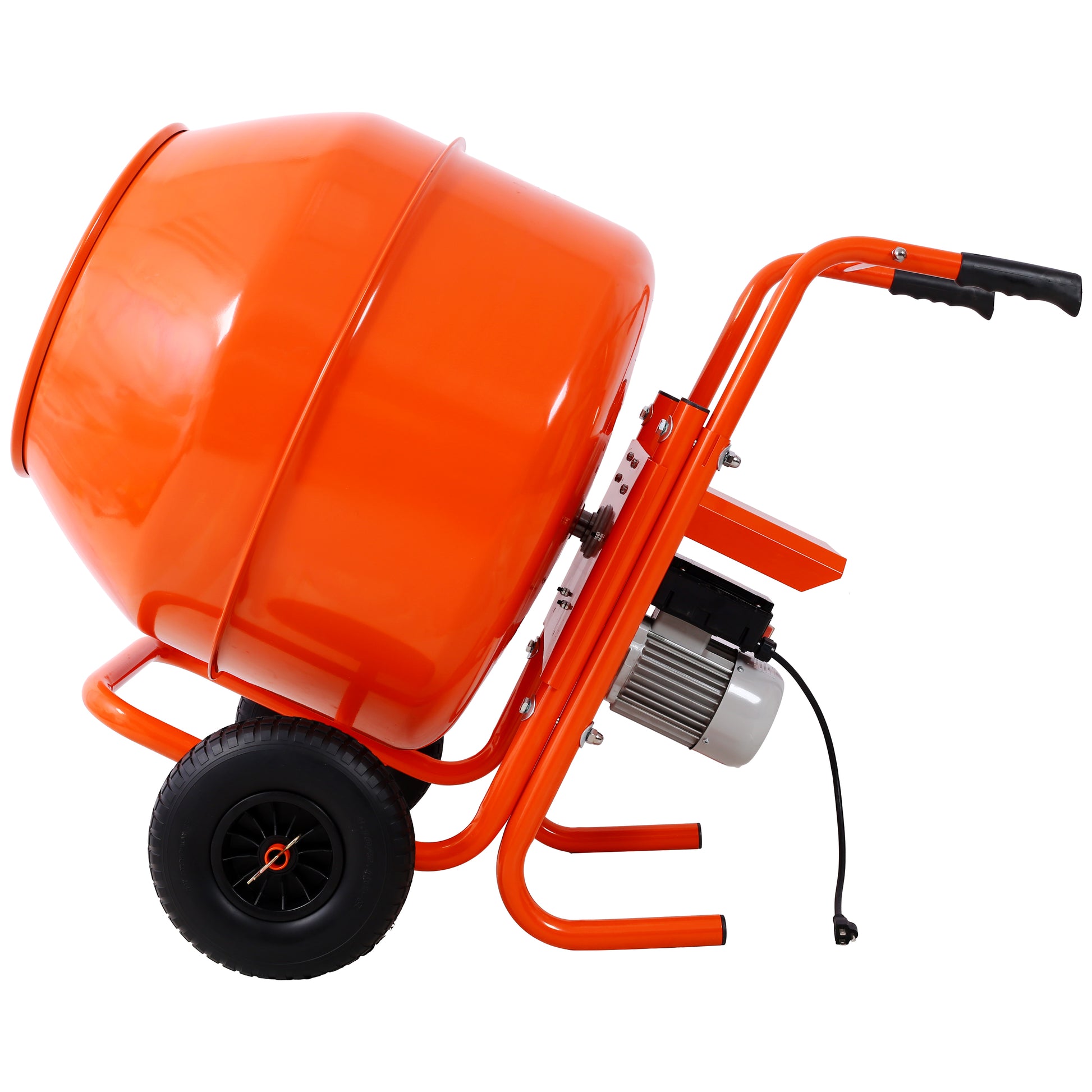 Orange portable electric cement mixer with a metal drum and rubber wheel for construction jobs