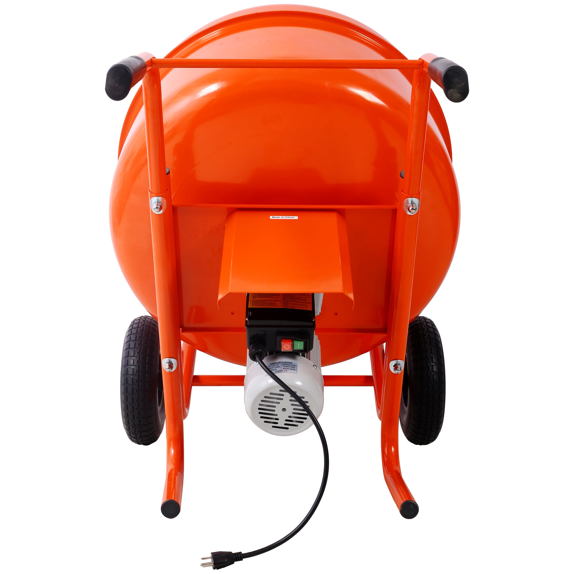 Orange portable cement mixer with black wheels and rubber grips