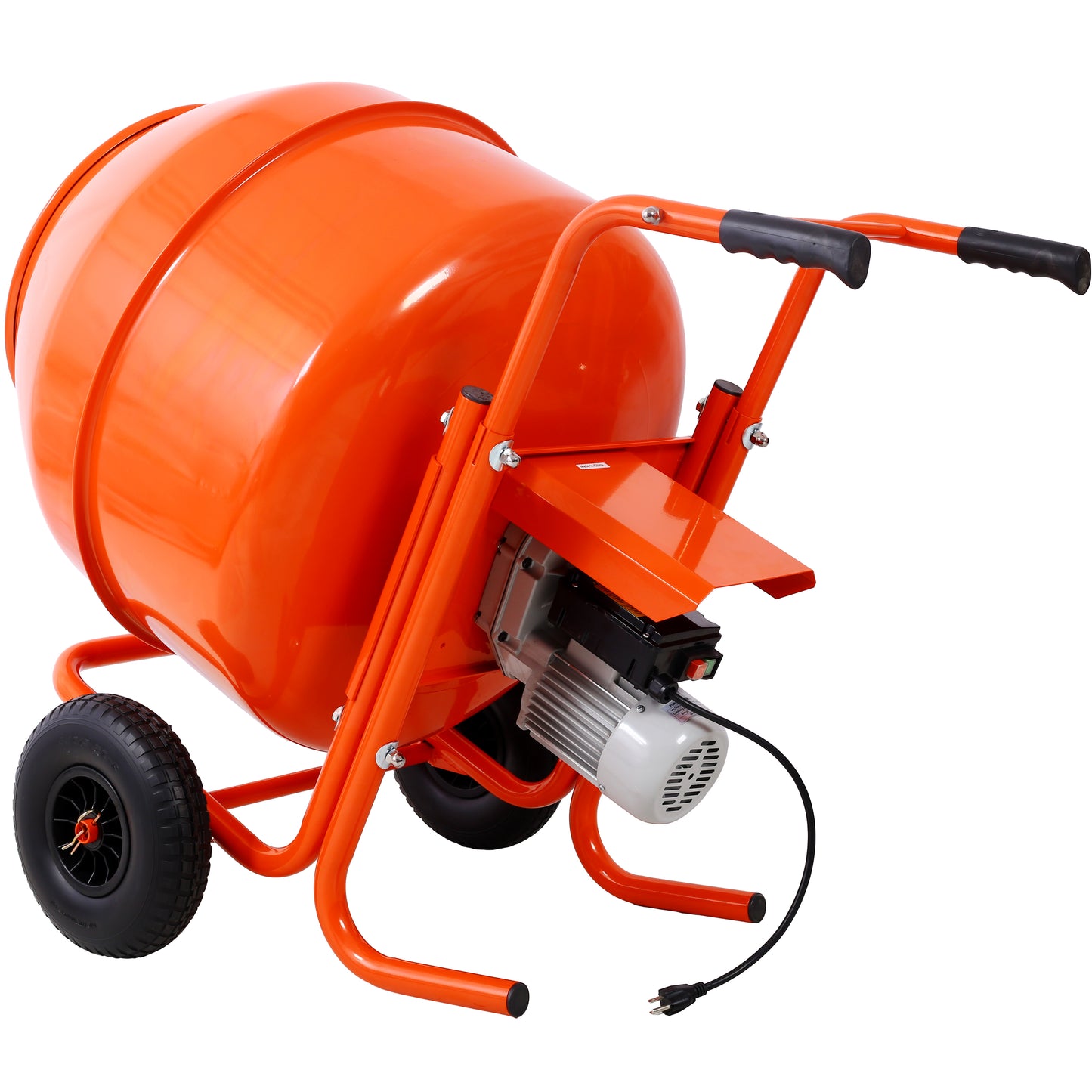 Orange electric cement mixer with black wheels and handles ready for construction tasks