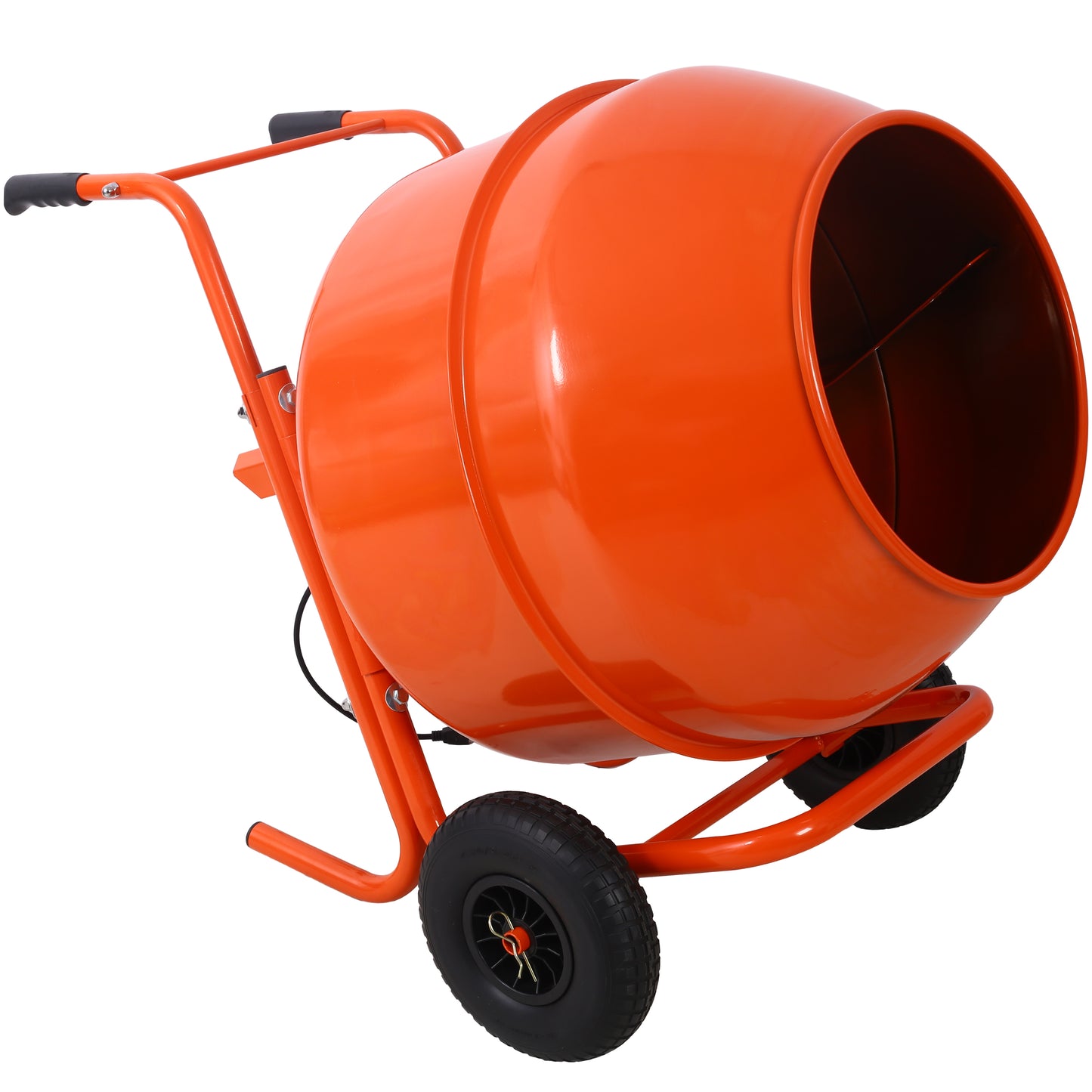Orange electric cement mixer with black wheels and handles ideal for construction projects