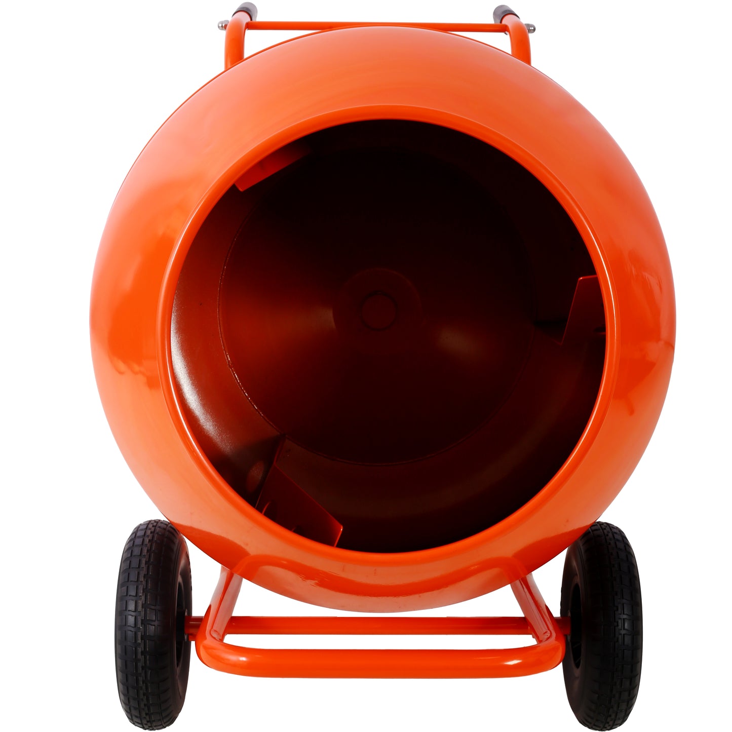 Orange portable cement mixer with rubber wheels for easy transport on job sites