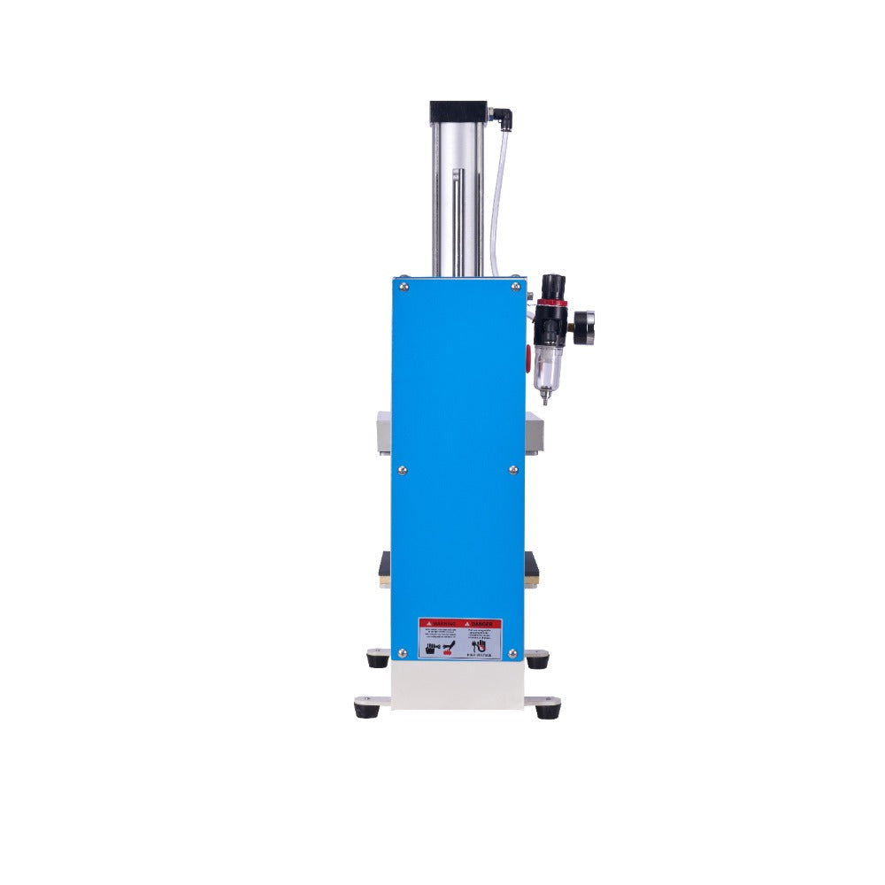 Blue pneumatic heat press machine with metal components and control knob