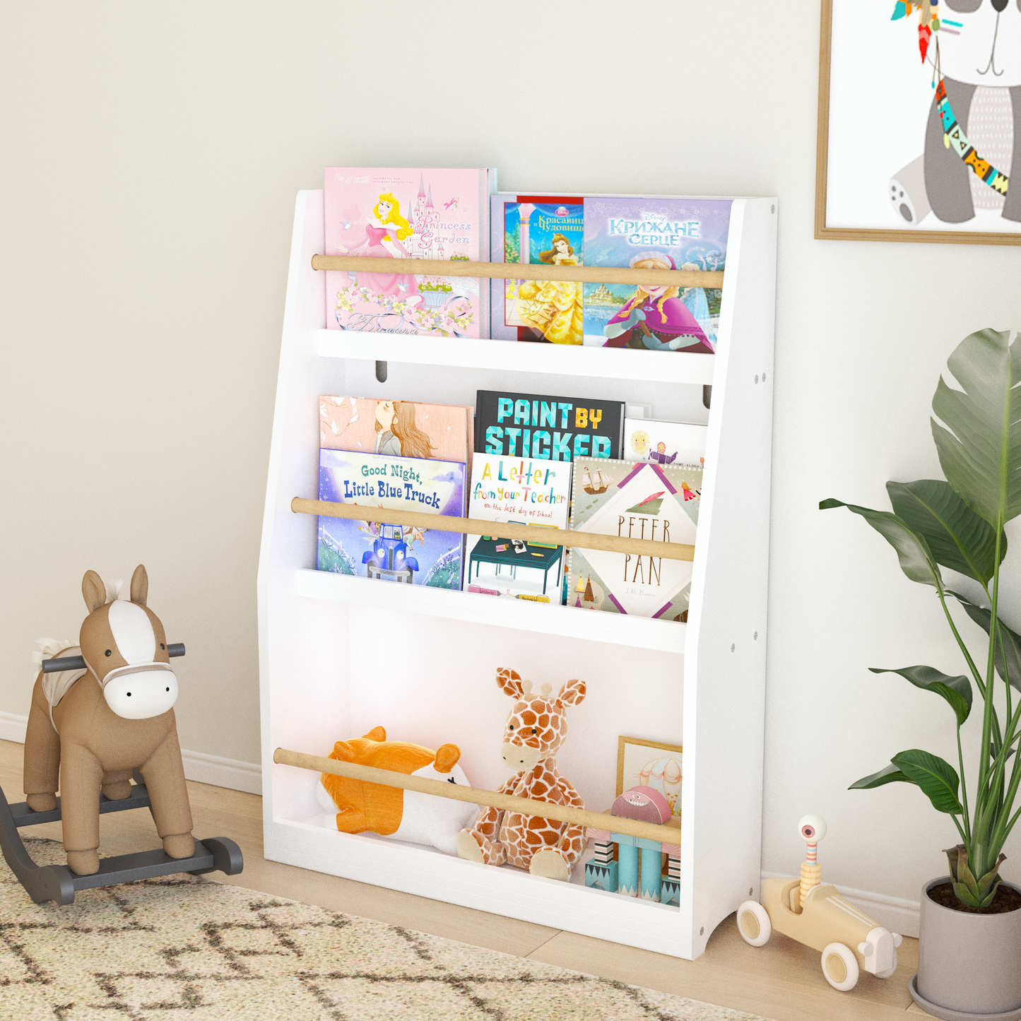 White childrens bookshelf with wooden shelves holding various storybooks
