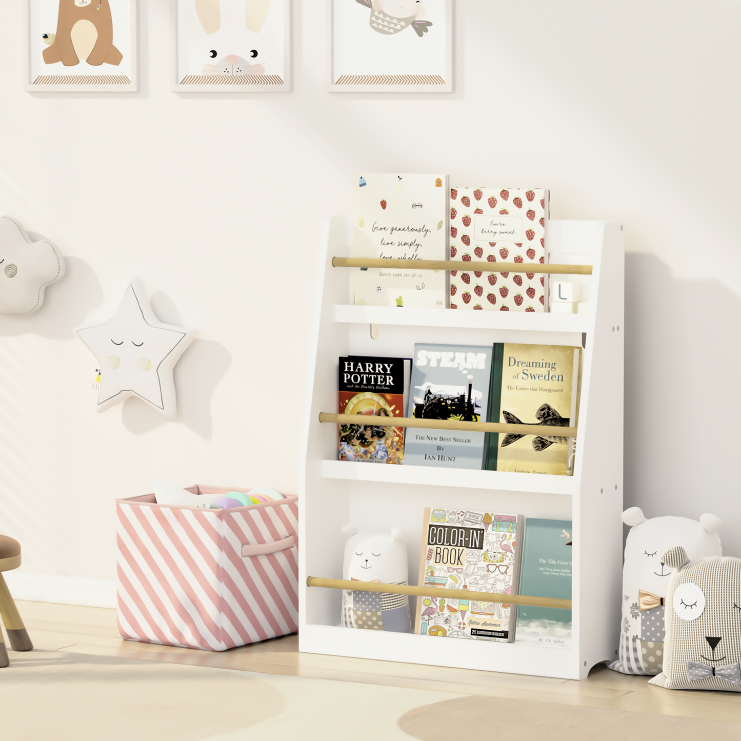 White tiered bookshelf displaying childrens books including Harry Potter Steam and Dreaming of Sweden
