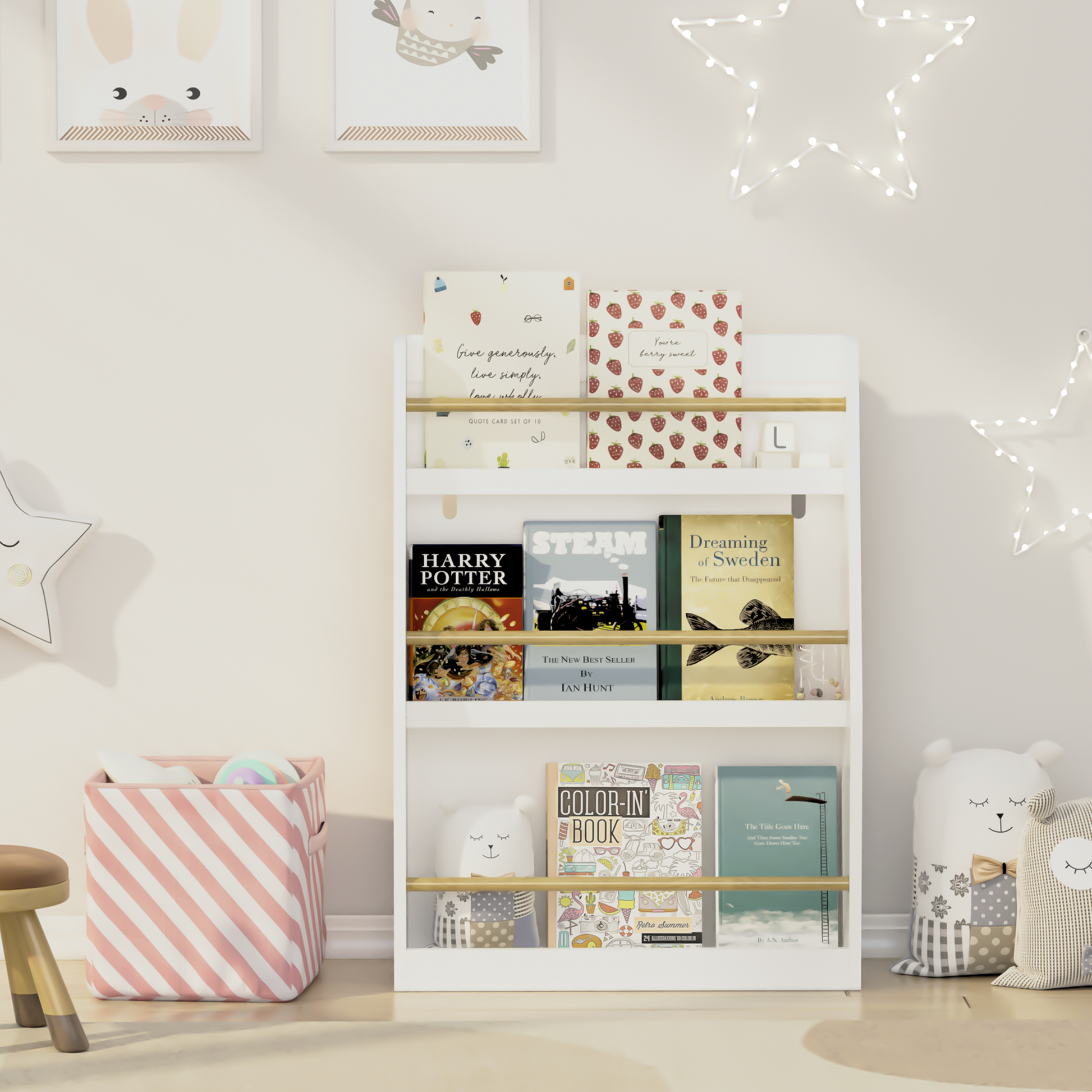 White bookshelf holding childrens books Harry Potter and Steam