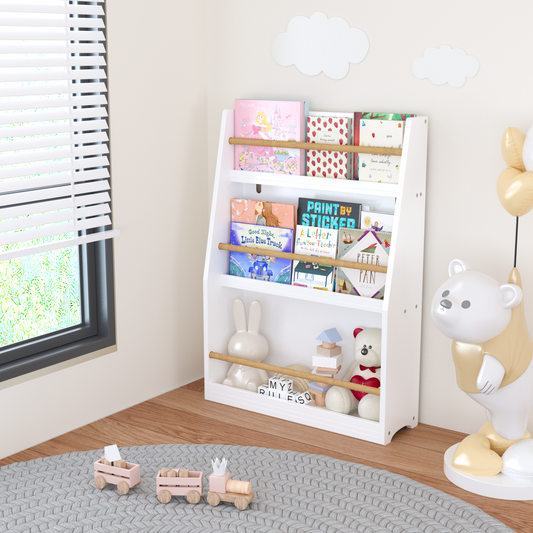 White tiered bookshelf with wooden dowels displaying childrens books