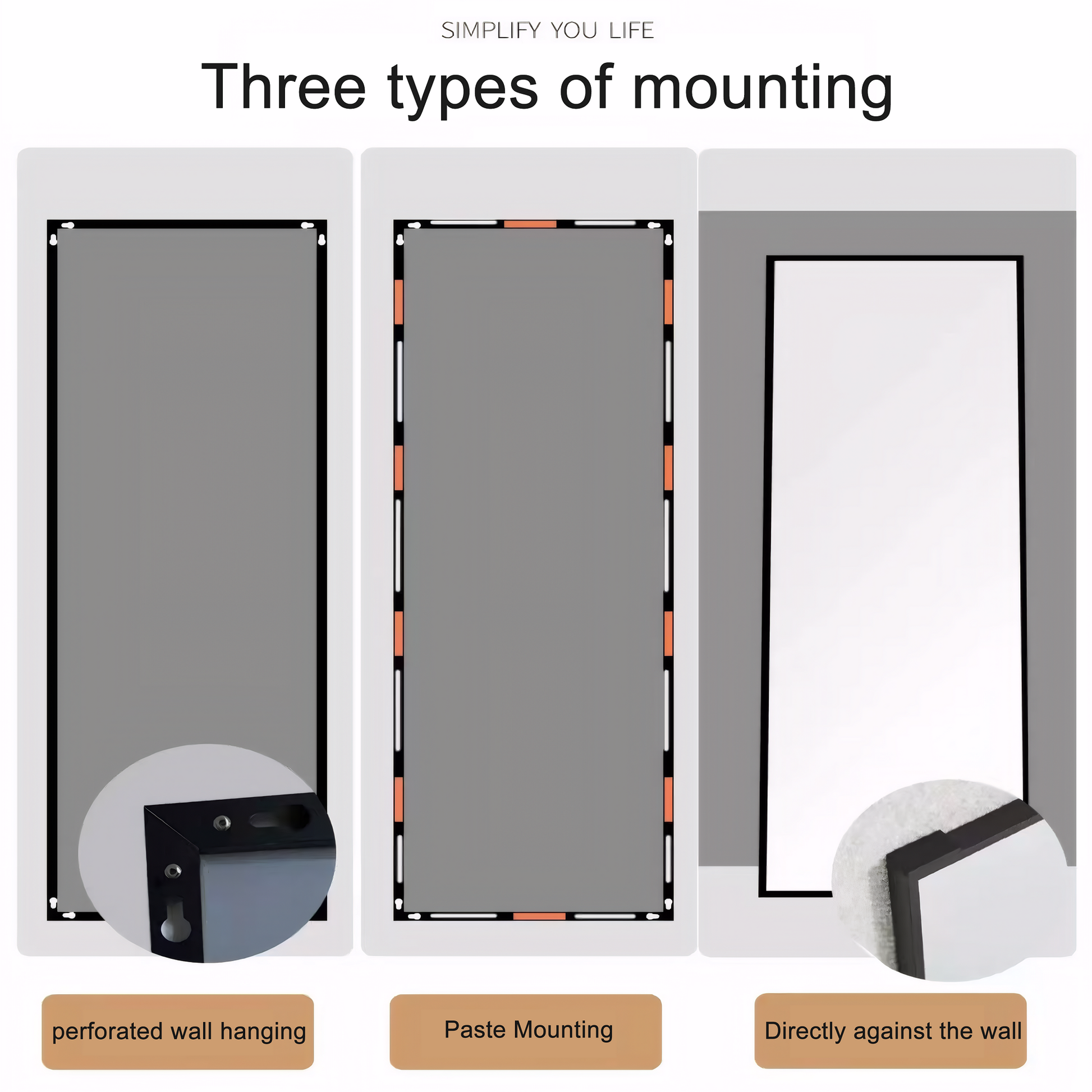 Diagram showing three mounting options for a framed mirror perforated wall hanging with bracket